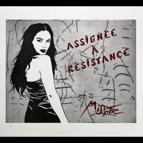 Assignee a resistance de Miss Tic eau forte artiste de la galerie espace art le Comoedia Brest exposition art urbain street art