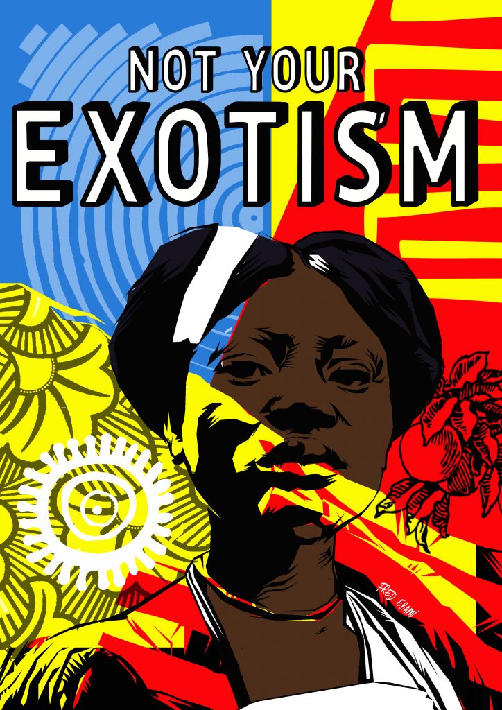 Dessin digital - Fred Ebami - Not your exoticism - femme - fond coloré - bleu, rouge, jaune - fleurs