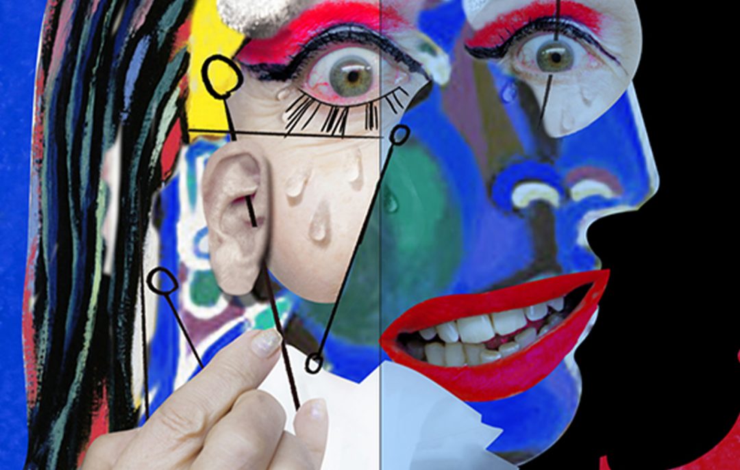 Oeuvre de ORLAN visage femme déstructure dans diverses formes style Picasso