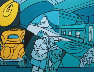 Sérigraphie Valério Adami personnages chien taxi jaune montage train nuances de bleus