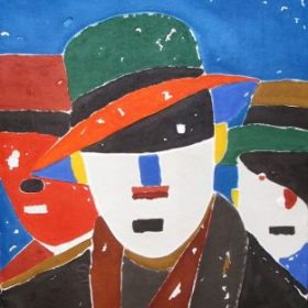 Lithographie Jacques Villeglé Hommes à chapeaux sur fond bleu
