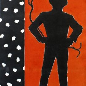 Aquagravure Eduardo Arroyo Silhouette noire homme à chapeau sur fond rouge bandeau gauche noir avec points blancs