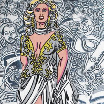 Aquagravure Erro femme en robe de mariée fonds blanc et noir avec formes personnages
