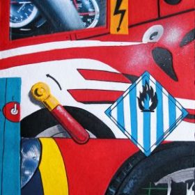 Aquagravure Peter Klasen ferrari fond rouge panneau flammes panneau éclair