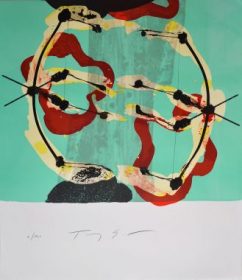 Lithographie Tony Soulié Fond bleu turquoise formes noires rouges jaunes