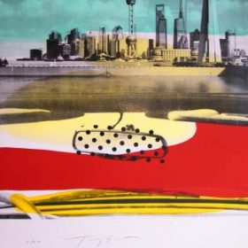 Lithographie Tony Soulié photo noir et blanc ville couleurs rouges jaunes bleues