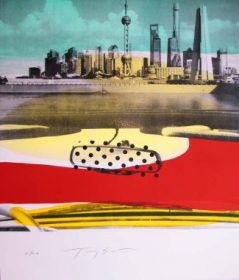 Lithographie Tony Soulié photo noir et blanc ville couleurs rouges jaunes bleues