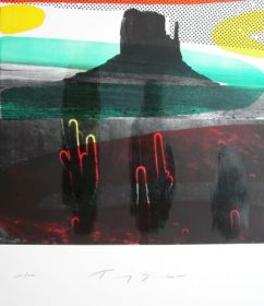 Lithographie Tony Soulié fond photo noir et blanc Monument Valley formes jaunes et bleues cactus rouges et verts