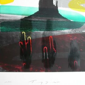 Lithographie Tony Soulié fond photo noir et blanc Monument Valley formes jaunes et bleues cactus rouges et verts