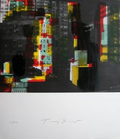 Lithographie Tony Soulié photo noir et blanc immeubles + reflets couleurs vertes jaunes et rouges