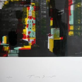 Lithographie Tony Soulié photo noir et blanc immeubles + reflets couleurs vertes jaunes et rouges