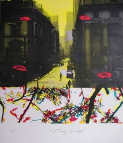 Lithographie Tony Soulié photo noir et blanc de rue coloration jaune formes de branches et feuilles colorées
