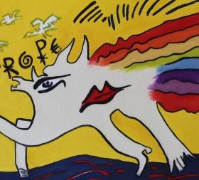 Aquagravure Jacques Villeglé fond jaune forme pattes de cheval talon et main blanche arc en ciel symboles