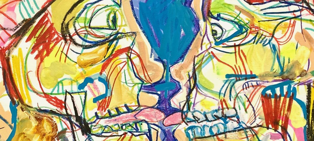 Peinture Neila Serrano Homme et femme s'embrassant vision interne de leur corps fond bleu