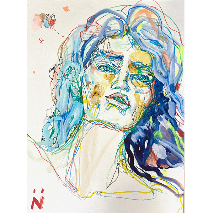 Peinture Neila Serrano femme cheveux bleus de face fond blanc
