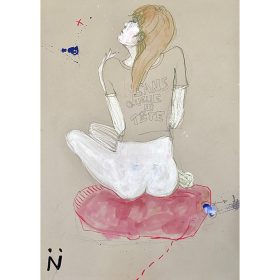 Peinture Neila Serrano femme assis de dos sur une couverture roser sans pantalon et avec un t-shirt 