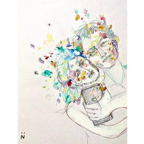 Dessin Neila Serrano Femme enlaçant un homme et prenant un selfie d'eux fond blanc taché de couleurs