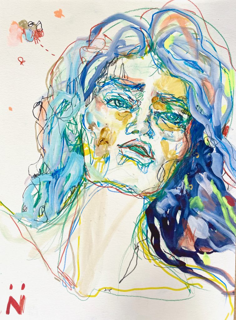 Peinture Neila Serrano femme cheveux bleus de face fond blanc