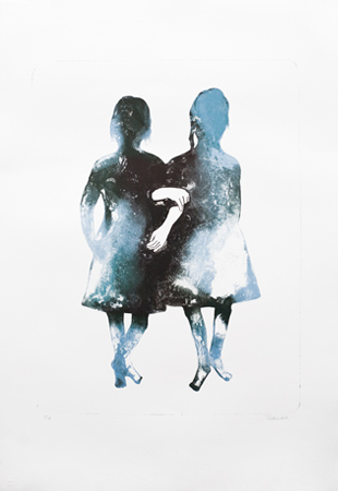 Peinture - Silhouettes de jumelles - bleues er noires sur fond blanc