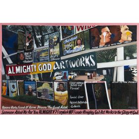 Peinture - Almighty God - Panneaux publicitaires - Ecritures noires sur rose + blanches