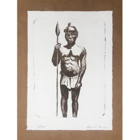 Peinture - Kouka Ntadi - Portrait - Guerrier Bantu - Noir et blanc - papier Craft - fond blanc