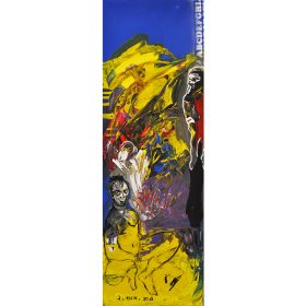 Peinture - Soly Cissé - Personnages noirs et rouges - fond bleu et jaune
