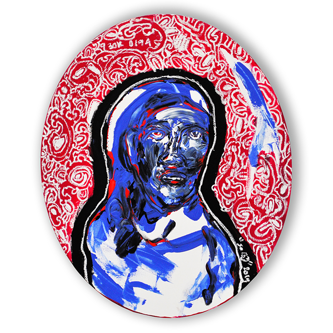 Peinture - Soly Cissé - Personnage à la peau bleu - Fond orné blanc et rouge