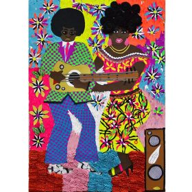 Collage - Franklin Mbungu - Femme et homme noirs - Fond fleuri et multicolore - tenues disco/traditionnelles - guitare et enceinte