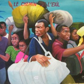 Peinture - Chéri Chérin - Hommes et femmes qui s'enfuient - gros sacs - téléphones - ciel bleu