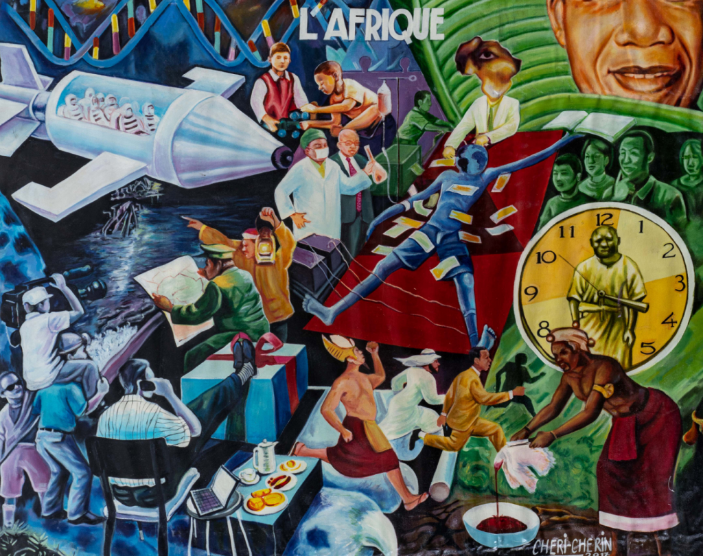 Peinture - Chéri Chérin - Hommes de différentes ethnies - caméras - horloge - mange - téléphone
