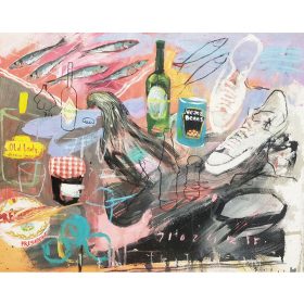 Peinture - Gopal Dagnogo - Poule - baskettes - boites de conserve - confiture - camembert - bière - tabasco - coca cola - sardines