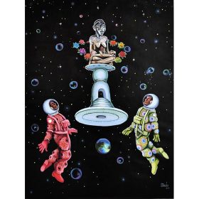 Peinture - Shula MOSENGO - espace - bulles - astronautes - colorés - robo argenté/doré - couronne de fleurs