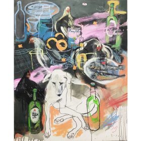 Peinture - Gopal Dagnogo - Chien - Bières - poules - boites de conserve - poissons - épices - fruits