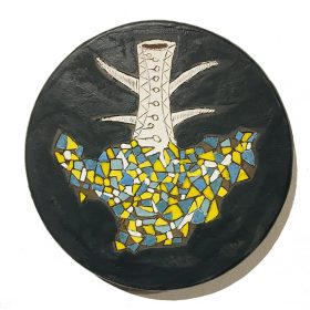 Sculpture - Marc Piano - Assiette - formes de jaunes, marrons, blanches et bleues