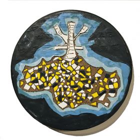 Sculpture - Marc Piano - Assiette - formes bleues, marrons, jaunes, blanches