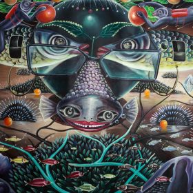 Peinture - Bodo Fils - Surréaliste - Poisson souriant - Deux poissons face à face formant des yeux - Hommes poisson cueillant des pommes - poissons - océan