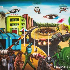 Peinture - Bodo Fils - Surréaliste - Hélicoptères - jet - caserne de police - militaires - éléphant mort - population affolée - personnes brûlées ou exécutées - oeil avec drapeau français - bulle avec Tour Eiffel - Drapeau République Démocratique du Congo