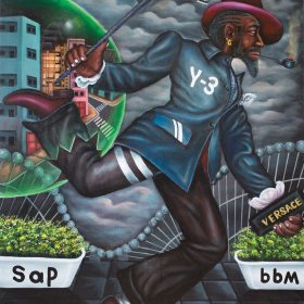 Peinture - Bodo Fils - Homme bien habillé - Drapeau de la République Démocratique du Congo - SAPE - Immeubles dans une bulle - nuages gris