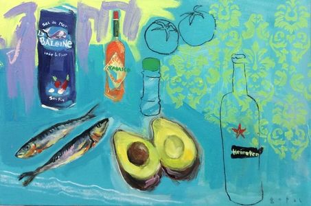 Peinture - Gopal Dagnogo - Sel - Avocat - Bière - Sardines - Tomates - Tabasco - épices - fond vert et fleuri