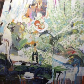 Peinture - Gopal Dagnogo - Fond vert fleuri - bouteille de champagne - table - femme allongée sur un divan