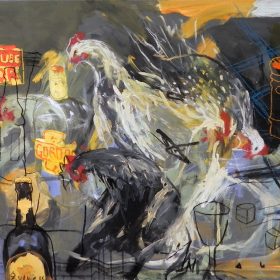 Peinture - Gopal Dagnogo - Poules - Alcools - Flacon d'épices - Conserve de tomates - fond noir/gris