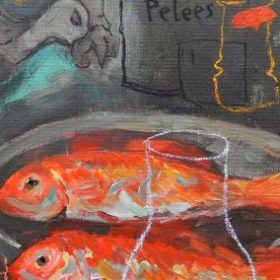 Peinture - Gopal Dagnogo - Poissons rouges - bouteille - vautour - fond gris