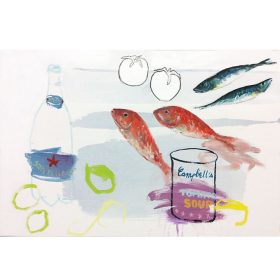 Peinture - Gopal Dagnogo - Fond blanc et ombres bleutées - San Pellegrino - Poissons rouges - Sardines - Soupe à la tomate - Tomates blanches - citrons verts