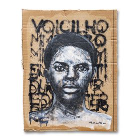 Peinture - Kouka Ntadi - Portrait - Guerrier Bantu - Carton - Fond marron avec 