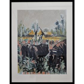 Peinture - Loïc Madec - Nature morte revisité - Hippopotames dans un champs - Au loin des paysans