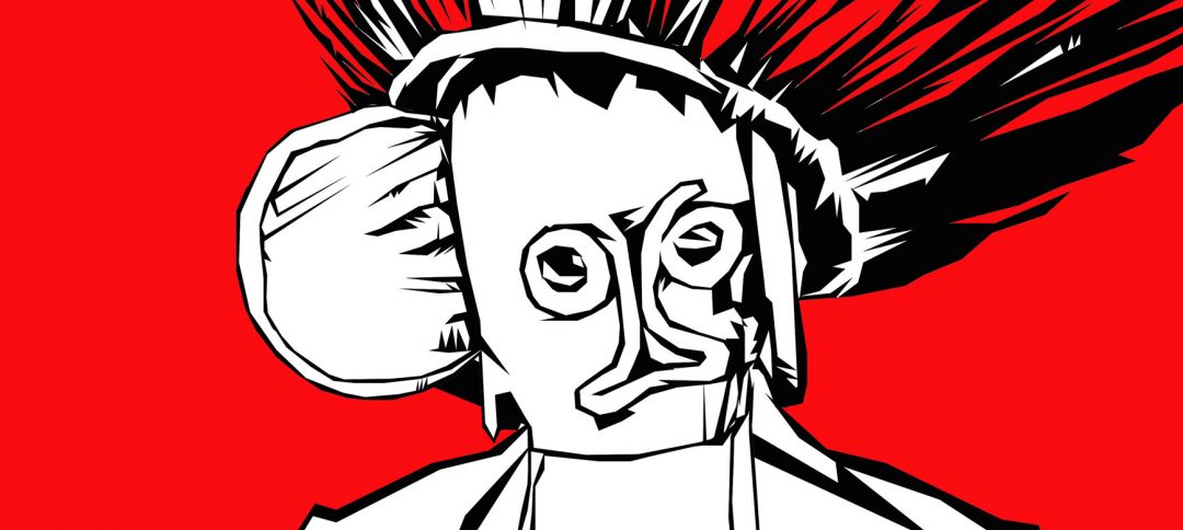 Dessin digital - Fred Ebami - Homme masqué en noir et blanc - fond rouge