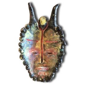 Sculpture - Marc Piano - Masque africain - forme de visage avec des cornes - marron