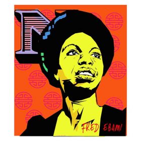 Dessin digital - Fred Ebami - Nina Simone jaune et noire - fond à motifs roses sur orange - N majuscule rose et violet