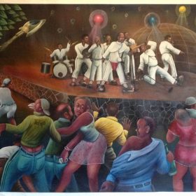 Peinture - Pierre Bodo - Hommes , femmes et homme oiseau dansent - groupe se produit sur scène - buisson à oeil