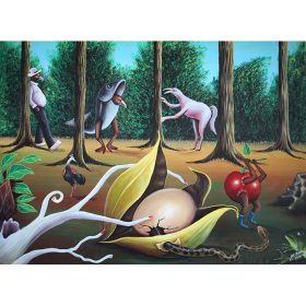 Peinture - Pierre Bodo - Surréaliste - Animaux imaginaires - Pomme avec des bras et jambes - Serpent sortant d'un oeuf - Doigts venant d'une plante